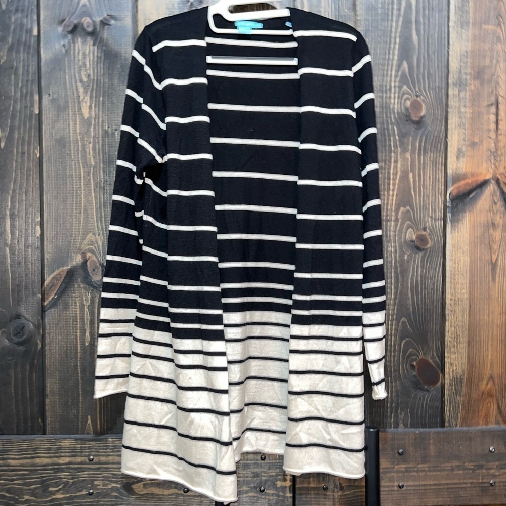 J. McLaughlin Black Merino Wool Striped Cardigan M Italian Soft Preppy Classic
